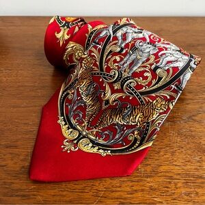 Vintage Gianfranco Ferre Red and Gold Baroque Animal Print Silk Tie